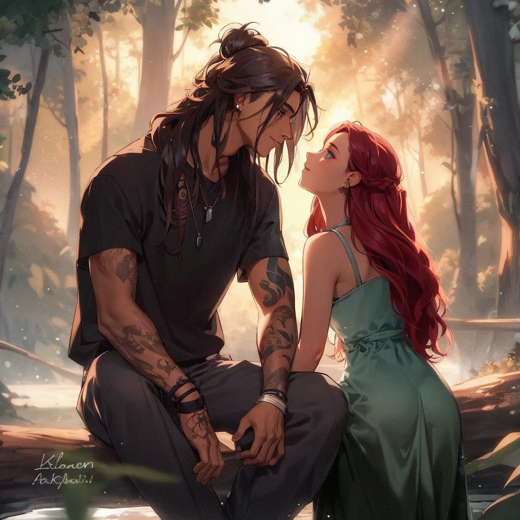 Create an image of Kaelan and Isobel in a tender, intimate moment. Kaelan is a tall, muscular alien with light blue skin, long dark blue hair, and glowing blue eyes. He has large, curved horns and a commanding presence. Isobel is a human woman with long, wavy chestnut hair, wearing a simple yet elegant outfit that blends with the natural surroundings of Astraelis. The two are standing close, with Kaelan protectively placing his arm around Isobel’s shoulders, while she looks up at him with deep a