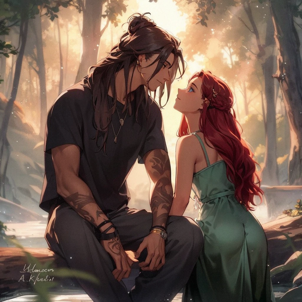 Create an image of Kaelan and Isobel in a tender, intimate moment. Kaelan is a tall, muscular alien with light blue skin, long dark blue hair, and glowing blue eyes. He has large, curved horns and a commanding presence. Isobel is a human woman with long, wavy chestnut hair, wearing a simple yet elegant outfit that blends with the natural surroundings of Astraelis. The two are standing close, with Kaelan protectively placing his arm around Isobel’s shoulders, while she looks up at him with deep a