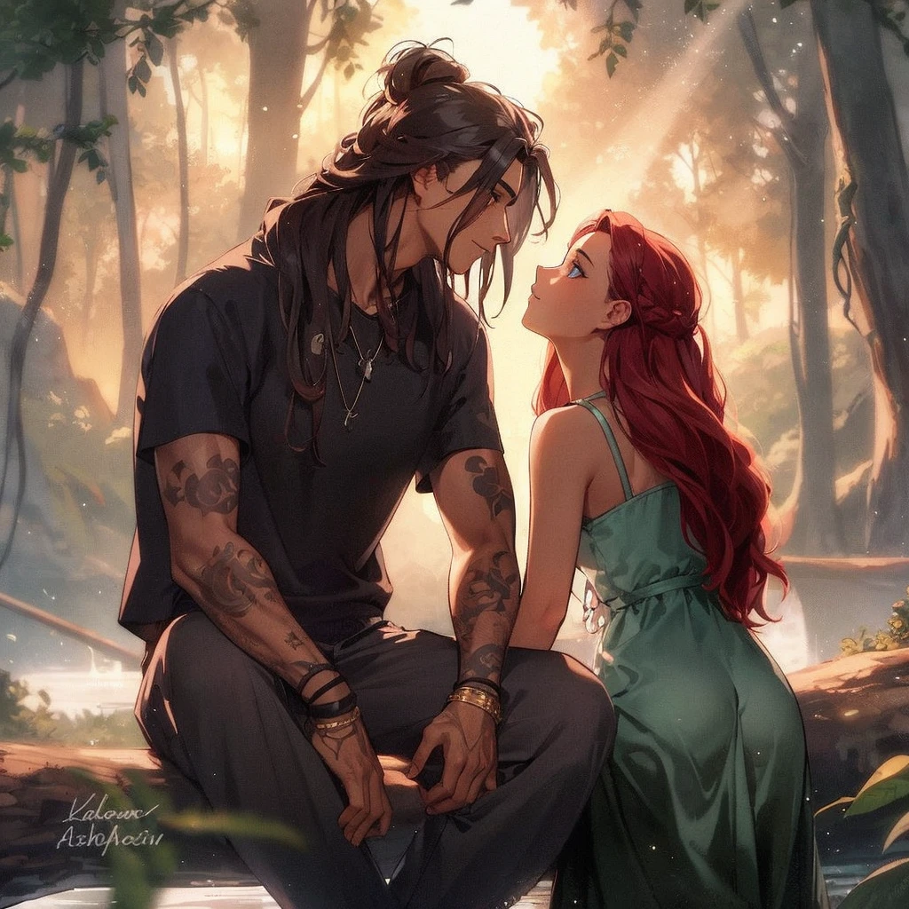 Create an image of Kaelan and Isobel in a tender, intimate moment. Kaelan is a tall, muscular alien with light blue skin, long dark blue hair, and glowing blue eyes. He has large, curved horns and a commanding presence. Isobel is a human woman with long, wavy chestnut hair, wearing a simple yet elegant outfit that blends with the natural surroundings of Astraelis. The two are standing close, with Kaelan protectively placing his arm around Isobel’s shoulders, while she looks up at him with deep a
