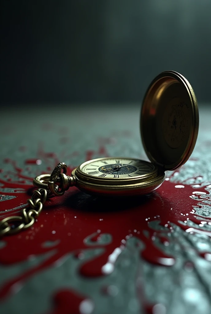 Opened pocket watch, there is a pool of blood on the floor