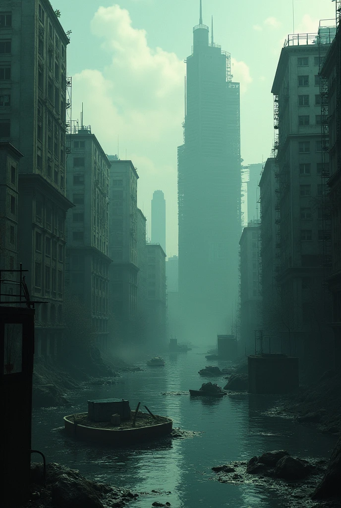 A dystopian cityscape submerged in water, climate change, global warming, pollution, environmental catastrophe, dramatic lighting.
