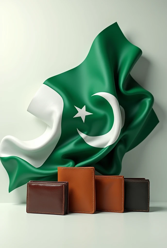 Create picture of Pakistani flag flexing around leather wallets. Ratio 1080 x1080 Now add text in this picture with 3D dimensions. The text is "Independence Day Pakistan" This text should be on top of the flag slightly behind the flag making it look 3D