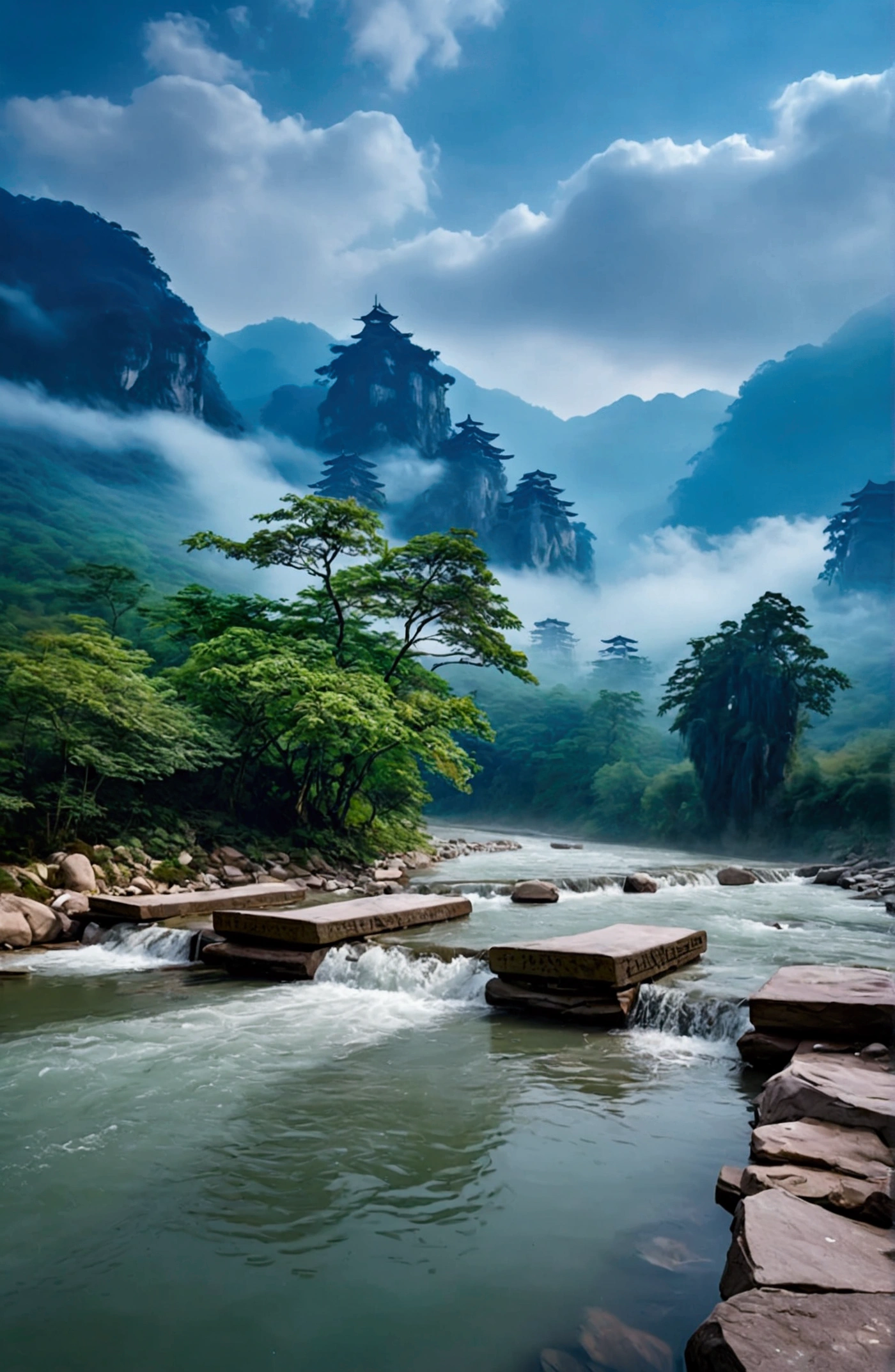 The stream is flowing,The stream is clear,The mountain next to it is Zhangjiajie's Stone Mountain,Clouds and mist,Uniform hue,Cinematic color grading