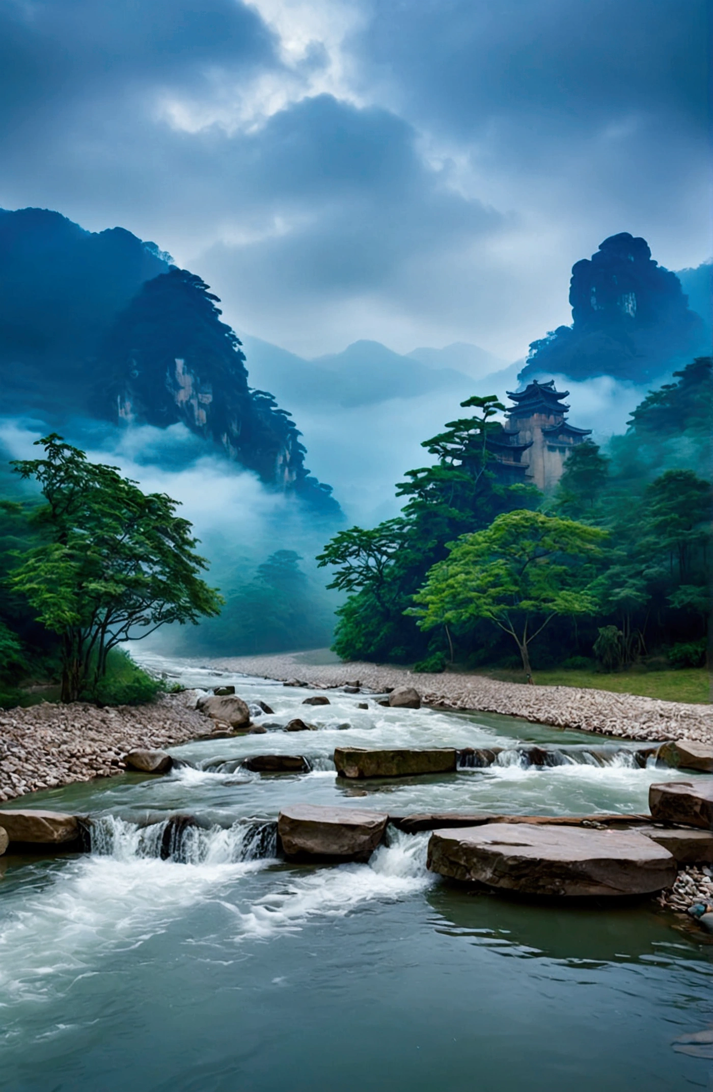 The stream is flowing,The stream is clear,The mountain next to it is Zhangjiajie's Stone Mountain,Clouds and mist,Uniform hue,Cinematic color grading