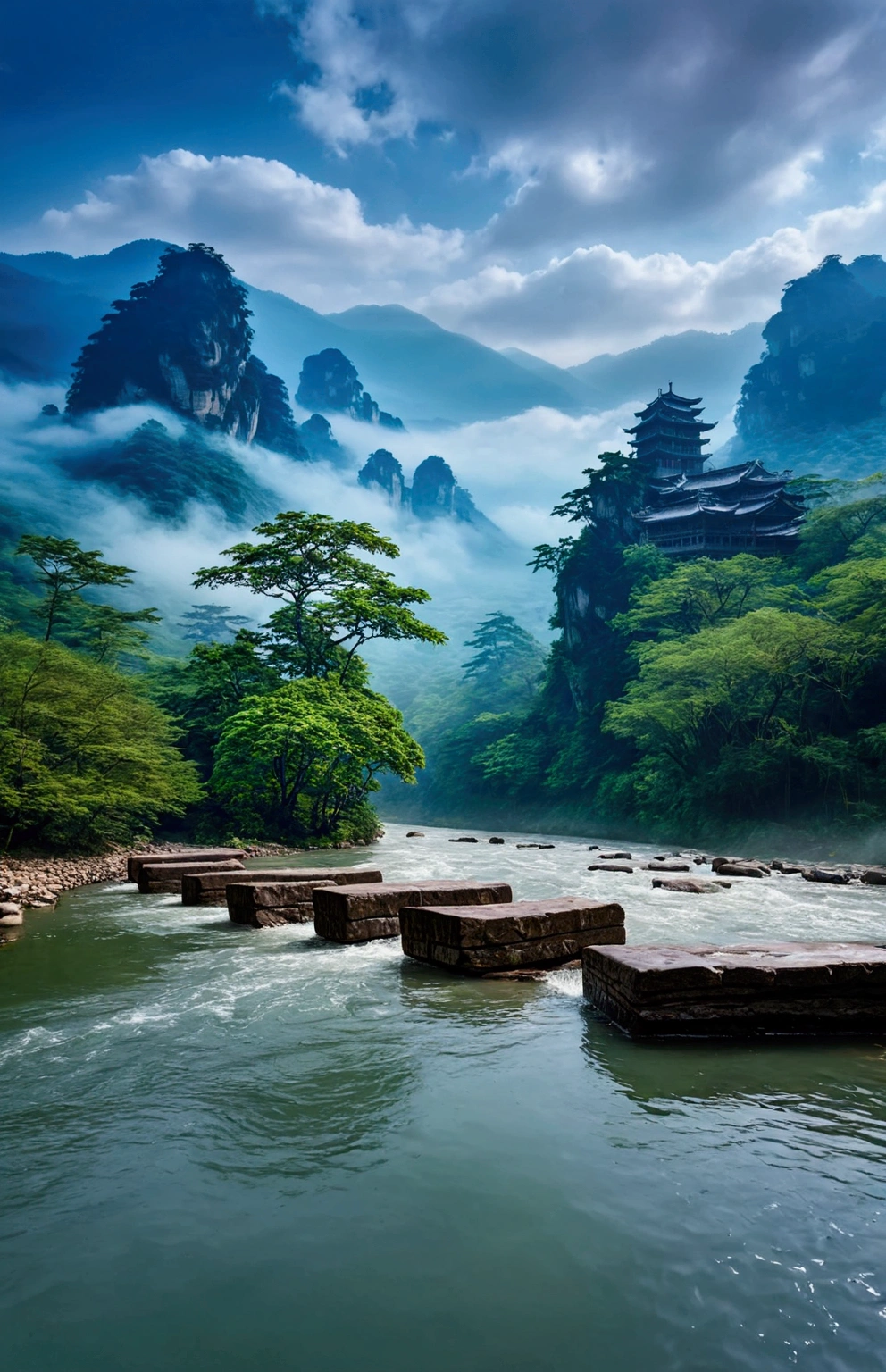The stream is flowing，The stream is clear，The mountain next to it is Zhangjiajie&#39;s Stone Mountain,Clouds and mist，Uniform hue，Cinematic color grading
