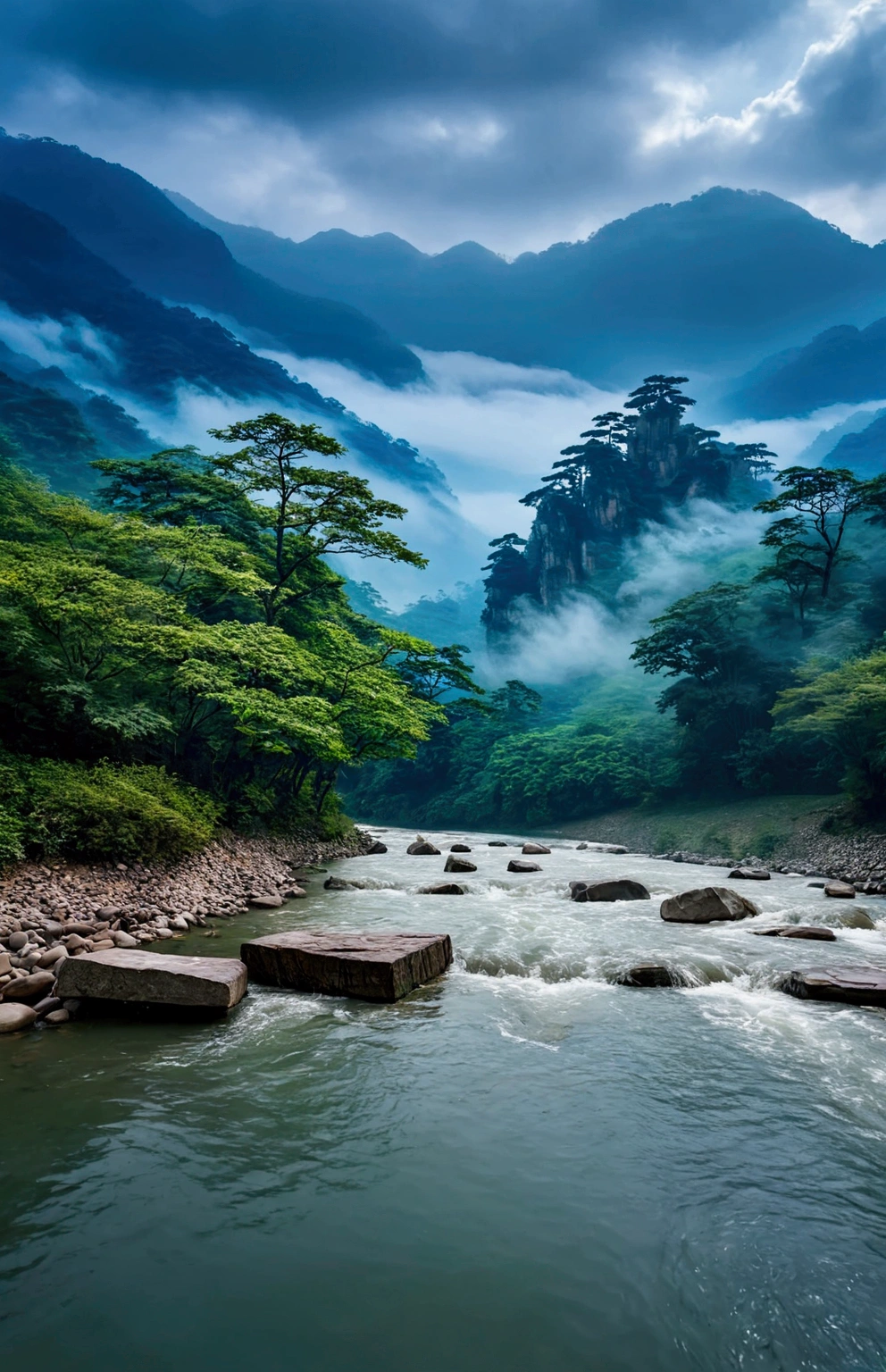 The stream is flowing,The stream is clear,The mountain next to it is Zhangjiajie's Stone Mountain,Clouds and mist,Uniform hue,Cinematic color grading