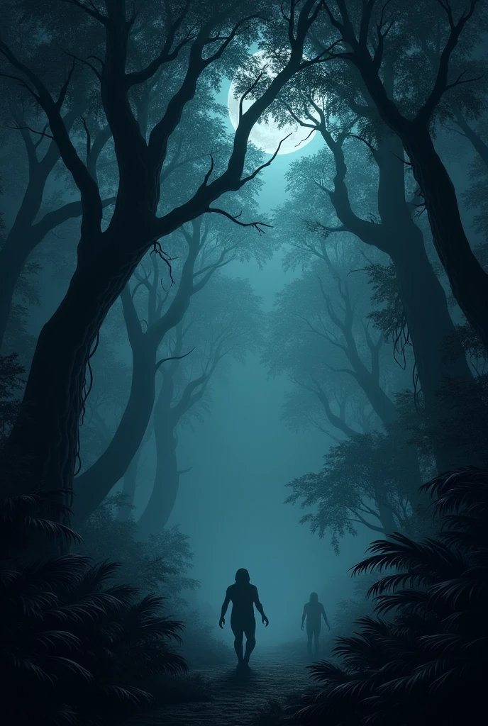 A dense jungle under a moonless night, shrouded in thick fog, with ominous shadows slipping between the trees.
