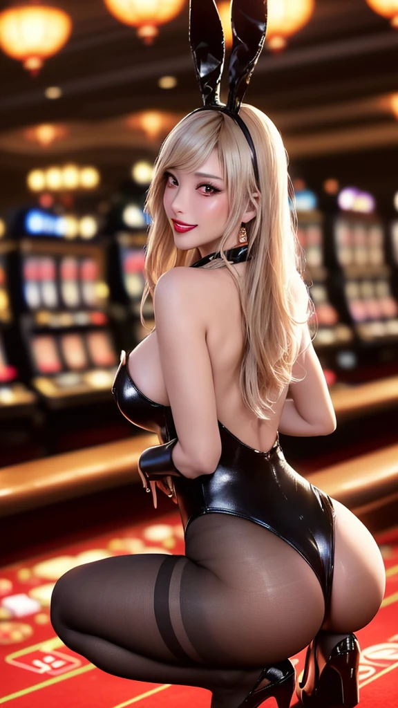 (Highest quality), Realistic, (live-action, Intricate details), ((Japanese female college student squatting at the casino, Place your arms between your legs)), ((Playboy Bunny, Bunny ears, black Bunny ears, fake Bunny ears, pantyhose, black pantyhose, bow tie, Wrist cuff, Black leotard)), ((:1.4)), (Blonde long hair:1.3, Short bangs), (neat face, Lips parted), Whiter skin, hard lighting:1.3, Roulette table, Slot Machines, Full Body Shot,From behind,Buckshot,Stick your butt out,Ass Focus,Sadistic smile,Fishnet stockings