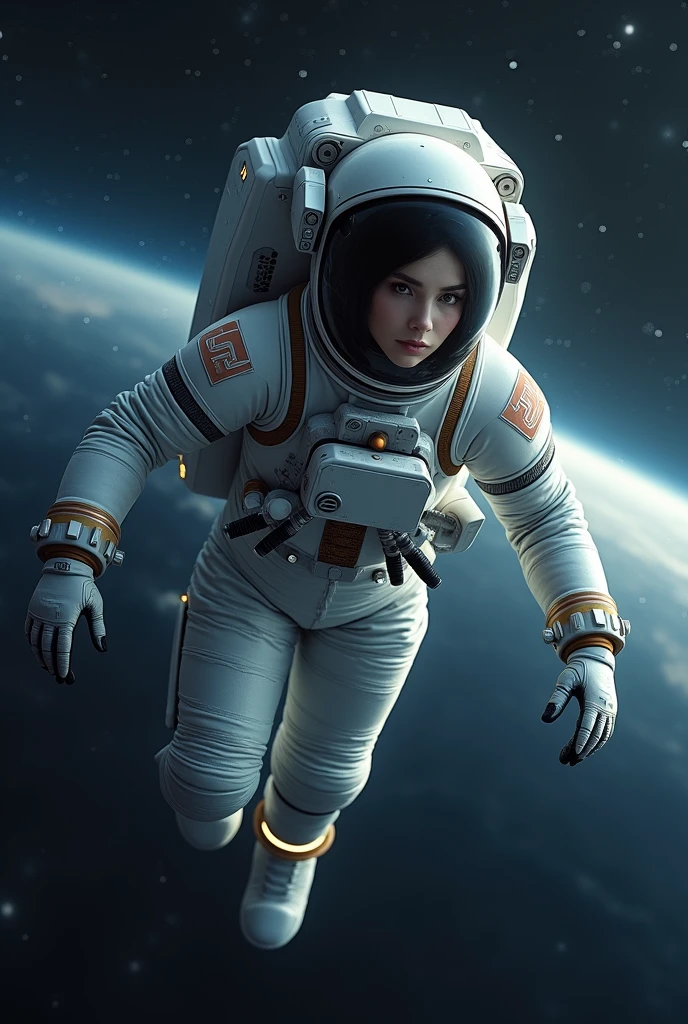 astronaut in space suit flying through the air with a spaceship in the background, concept art by jessica rossier, cgsociety contest winner, space art, beautiful woman in spacesuit, space soldier on mars with a gun, interstellar space suit, science fiction space suit, spacesuit with small led lights, sci fi female character, sci-fi cinematic movie still