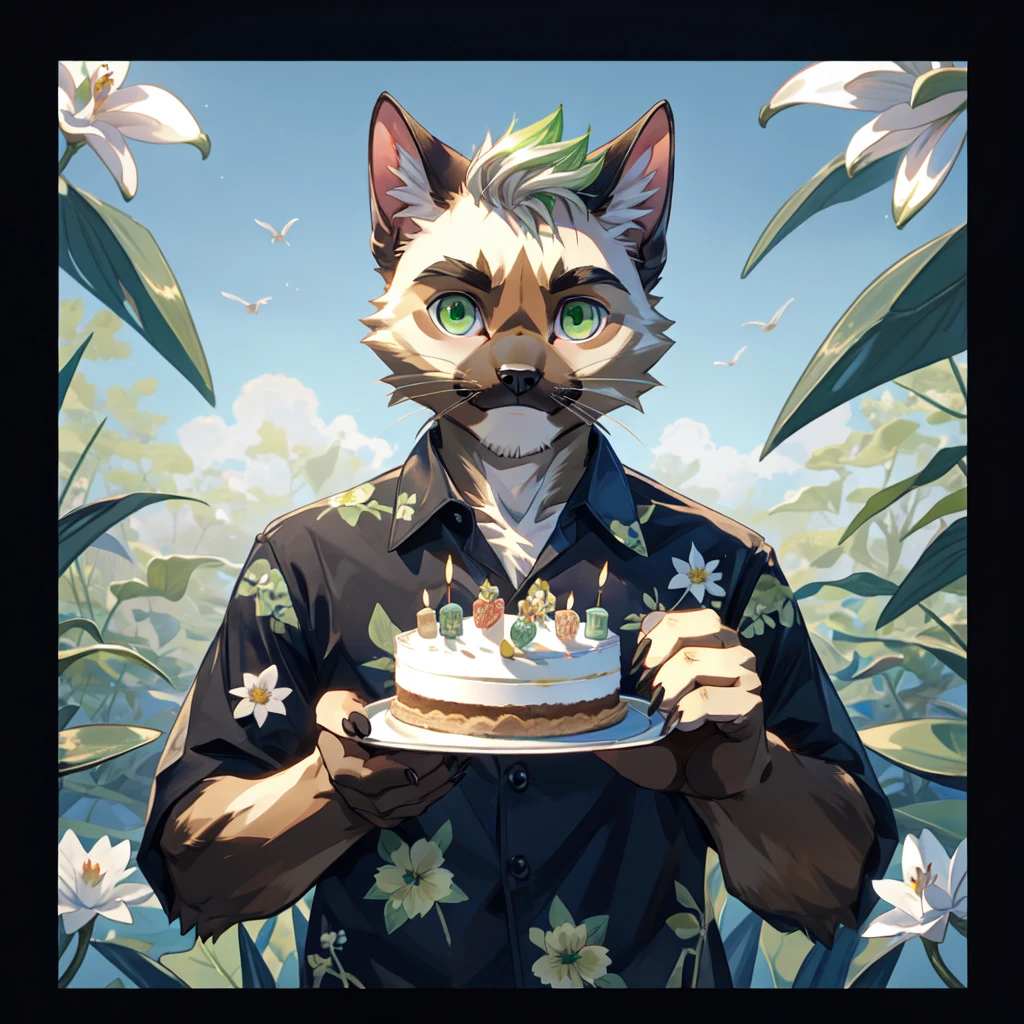 A Siamese cat, furry, male, green eyes, small claws with green tips, short white hair, simple contemporary clothes with a Lily flower print, smiling for the photo, while holding a small cake, decorated and eye-catching, animated digital style.