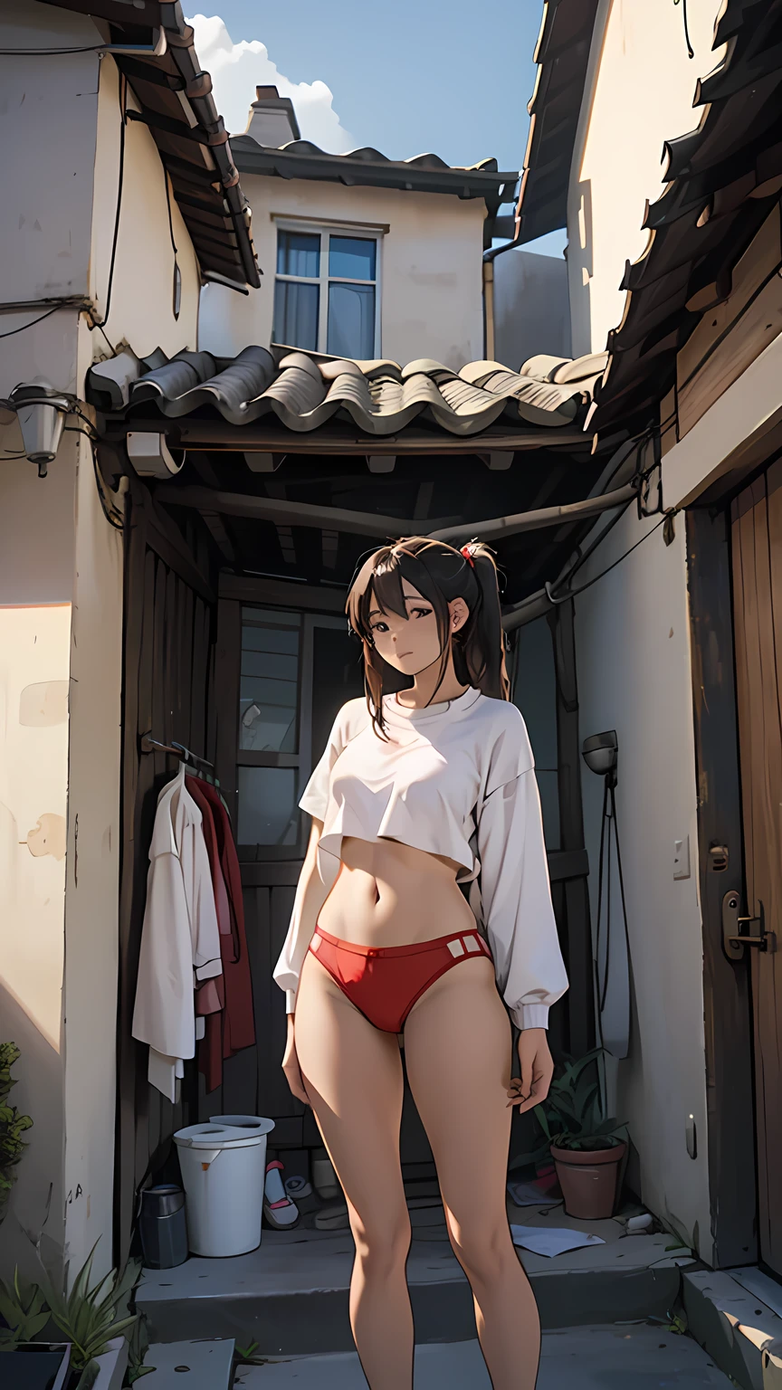 A young woman is drying clothes on the terrace of her house. She is wearing red underwear. Her hips are big. It is evening and it is sunny.