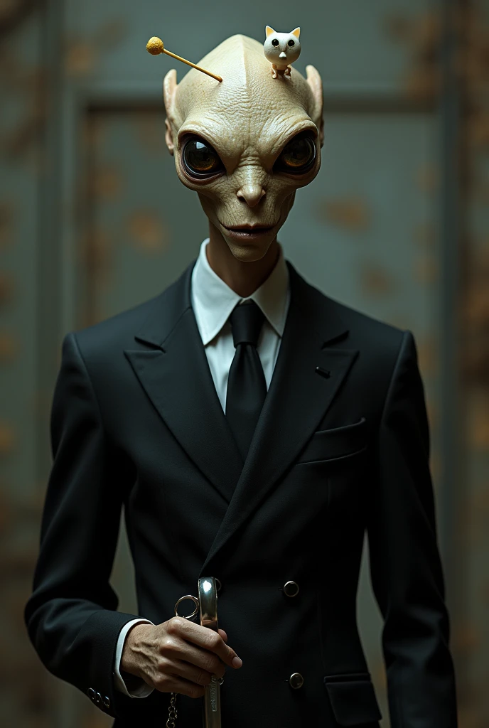 Male ET in Black wearing a toothpick and tie Holding a keychain