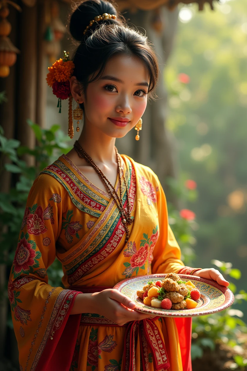 Myanmar outfit with hand on plate
