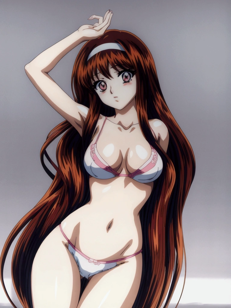 (Anime artwork, Anime Style, Studio Anime, Very detailed, up to date, Vibrant, Anime Coloring Book, High Contrast, masterpiece:1.2, Highest quality, Best aesthetics), (Beautiful and detailed eyes:1.2), Yuuki Mizuho,Alone, Straight Long Hair, hair band, White Bikini, Cleavage,blush, Lips parted, liar, On the bed, Lie down with your arms up, From above, No pants,Asymmetrical bangs, Perfect Proportions, Skin with attention to detail, cute, Detailed face, (Cowboy Shot, Dynamic Angle:1.2), (Accurate fingertips, Browse 4, Thumb 1),