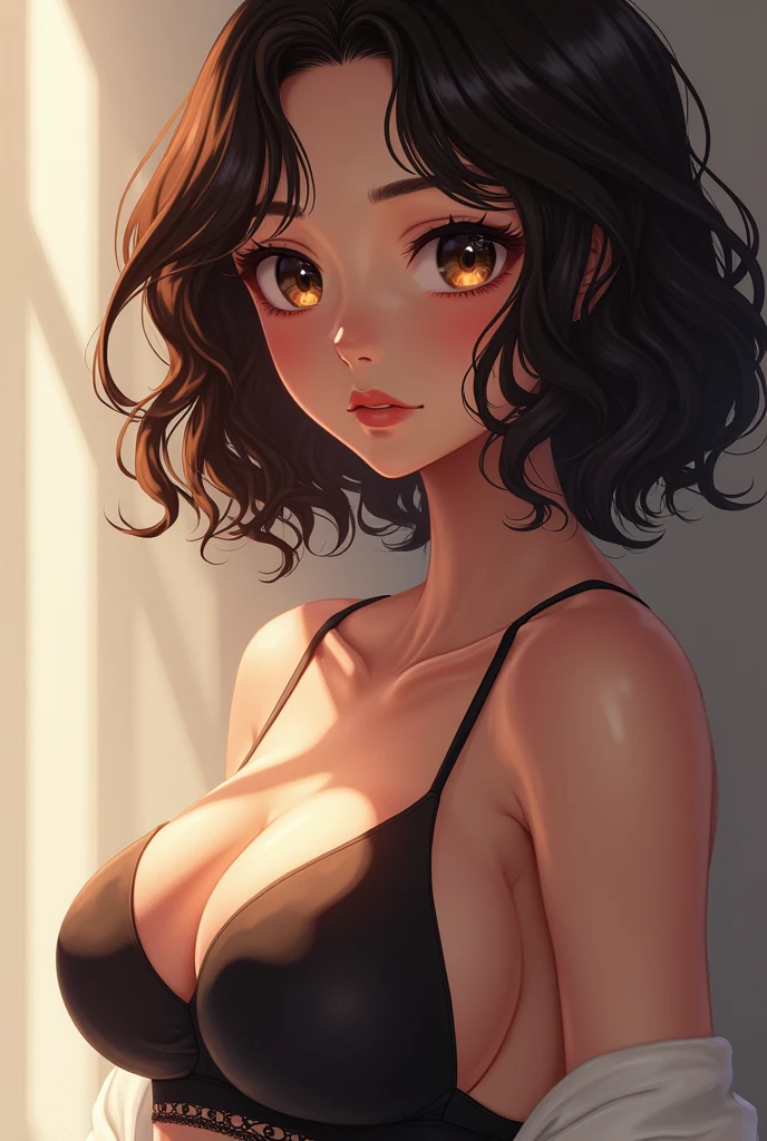 une jolie fille sexy, with curly brown hair in a bob cut with sakura haruno hairstyle, vêtue d'une jupe blanche et un soutient léger noir, with boobs like hinata hyuga's. La couleure de peau est métissé à 25% because his mother has a coffee-with-milk complexion and his father is a mixed-race man at 50%.