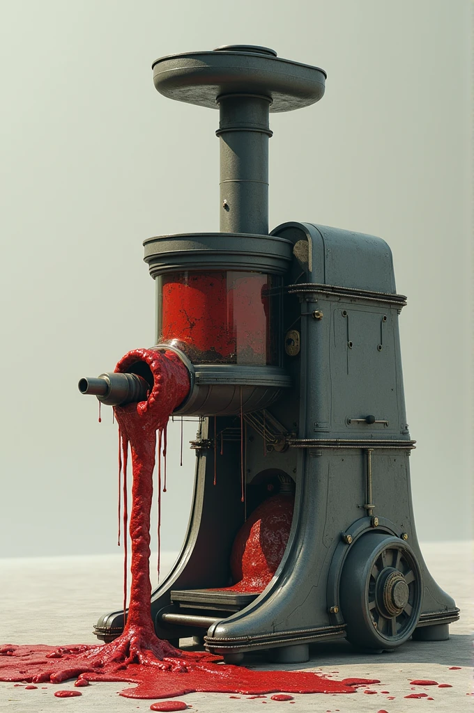 A large juicer, in which the map of Iran is poured from above, and oil barrels and blood bags come out of it.