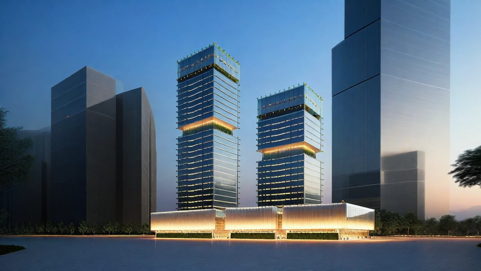 masterpiece, best quality,(Future technology city:1.1),fantastic sense of light,river, Dense city, super high-rise buildings,high resolution,hyper quality,full details.bird 's-eye view, The complex features pedestrian streets and exquisite shops, with modern architectural facades creating a sleek and sophisticated environment. at the dawn atmosphere with Gorgeous City Light Show,The use of three-dimensional corridors and glass curtain wall towers adds to the overall futuristic feel of the scene, while realistic lighting and three-dimensional greenery create a sense of depth and vibrancy. The street planting is exquisitely detailed, adding a touch of natural beauty to the urban space. Rendered in high definition quality using 3D rendering software, the image is a breathtaking piece of urban design, strong contrast of light and shadow, Extreme material details, 4K,8K, high quality, shaped curves, curved buildings, strong glass reflections, shimmering, (SOM:1.1), (Zaha:1.2), interior building lights coming through in the shadows, clear architectural structures

