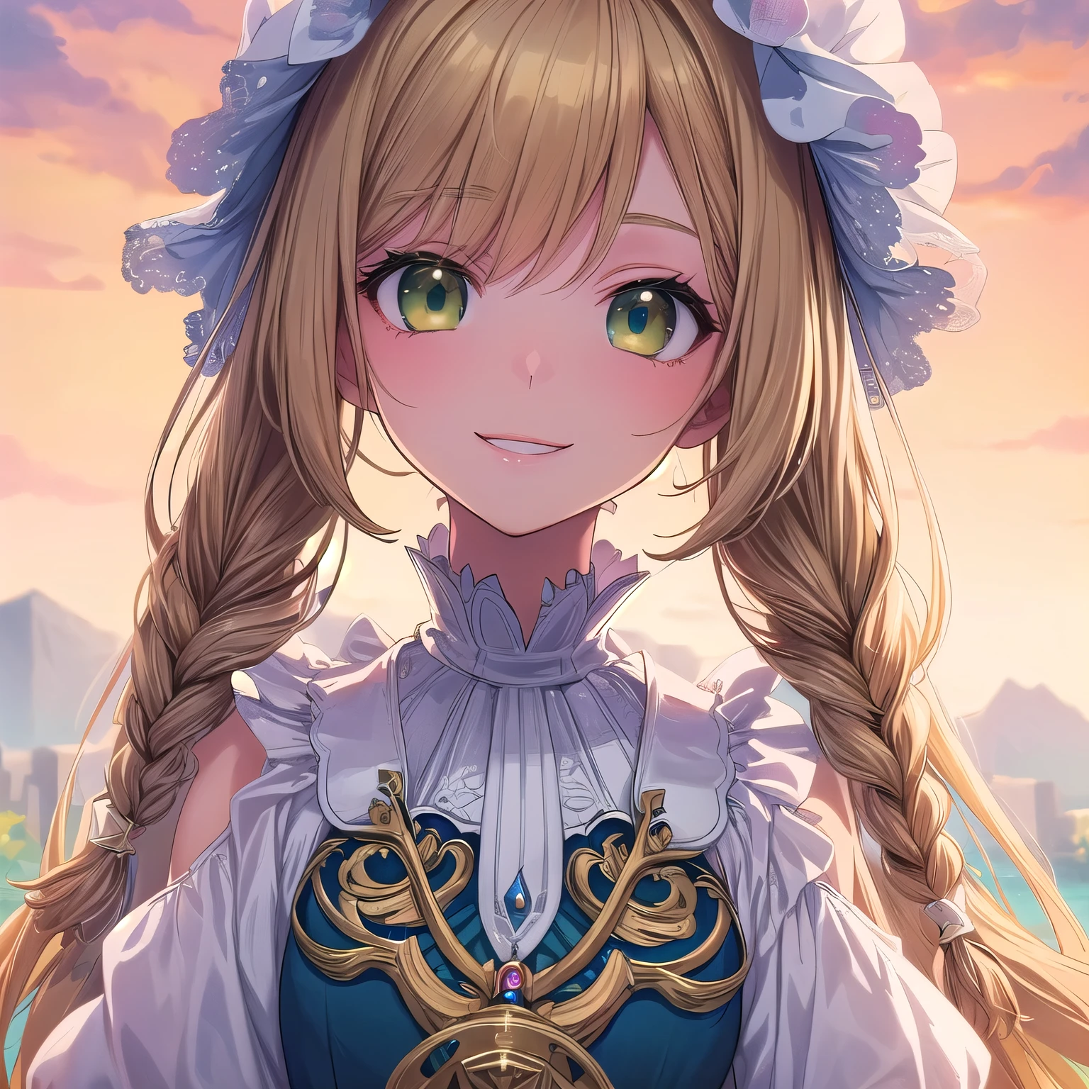 ((masterpiece)), ((Highest quality)), upper body, from front, ((A pure young lady with golden brown hair and yellow-green eyes.)), (Beautifully detailed droopy eyes), ((I have my hair in braids)), (Long sleeves), (A beautiful girl wearing a neat dress with lots of white lace), (Quiet personality), Vivid and beautiful anime girl, Shiny ultramarine clothing, Detailed Key Anime Art, Smooth anime CG art, Detailed portrait of an anime character, Fantasy, ((light smile)), ((Super detailed)), (アニメ:1.1)
