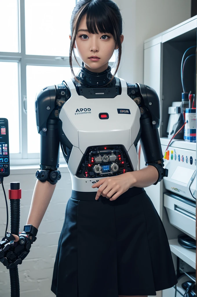 masterpiece, best quality, extremely detailed, Japaese android girl,Plump , control panels,android,Droid,Mechanical Hand, Robot arms and legs, Black hair,Blunt bangs,perfect robot girl,long tube,thick cable connected her neck,android,robot,humanoid,cyborg,japanese cyborg girl ,future laboratory,connecting a cable between the legs,skirt, high socks,blue eyes