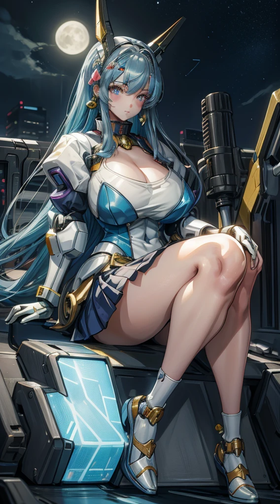(masterpiece, best quality;1.3), Extremely detailed ,Extremely detailed, 1 Girl,Solitary, Double tail, Large Breasts, Smile, Gundam(rx78), Science fiction, Mecha, , Blue Hair, Solitary, Hair accessories, Long hair, Double tail, Golden Eyes, Jewelry, earrings, Looking at the audience,Shinjuku city background,night, many neon lights, Moon Base, Detailed dress, Micro Mini Skirt, From below, sit,, Half-length photo,