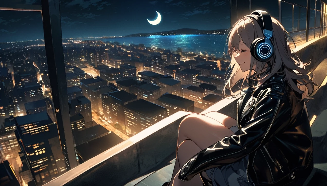 , Cat ear, Wearing headphones and a leather jacket, Sitting on the edge of a rooftop at night. The city lights are shining behind her, And the moon reflects in the sea. She is smiling and enjoying the music, He doesn&#39;t notice the camera capturing this moment..