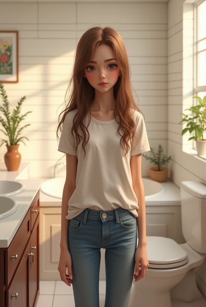 A girl standing in washroom, make her realistic 
