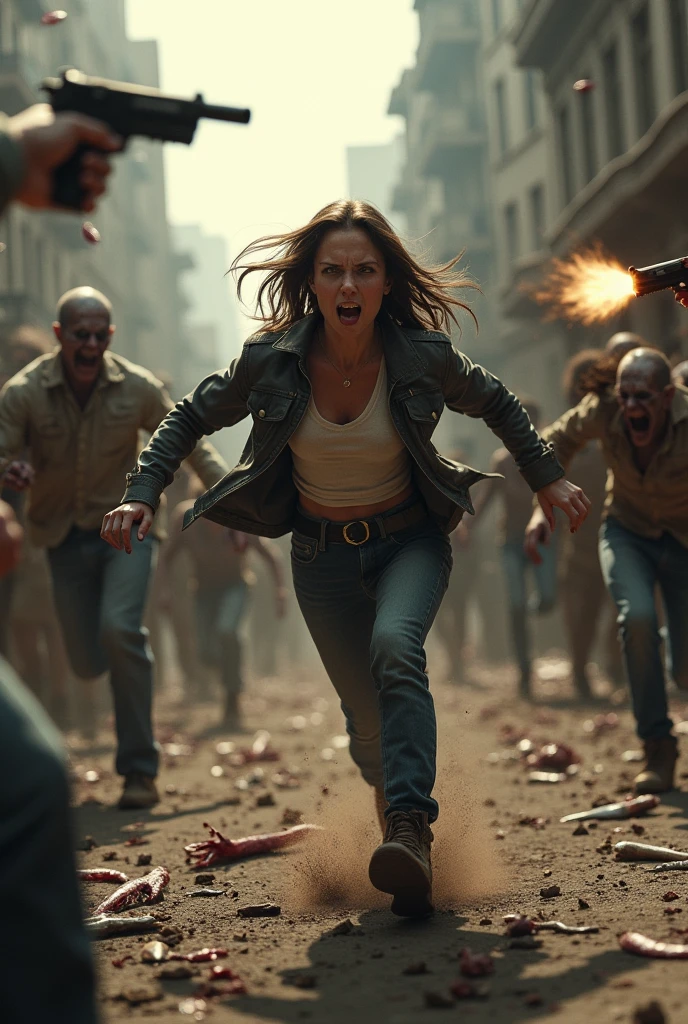 A woman is being chased by a horde of zombies. The zombies are being killed with guns or other weapons.