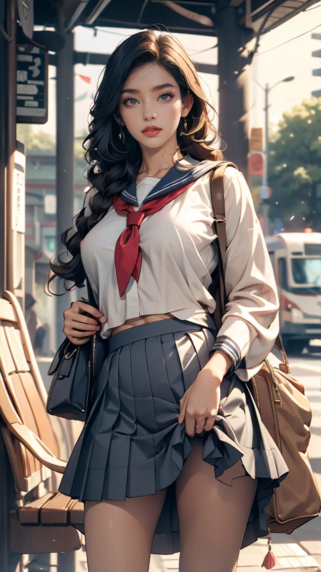 Japanese 、Sailor suit、Navy blue mini pleated skirt、loafers、school bag、Bus stop waiting room,One Summer Day,(hem lift:1.3),(open bag:1.3),(adnet weight:1.0),(hem that rolls up:1.3),(Fully exposed pussy:1.5),Well good,no panty,smile,