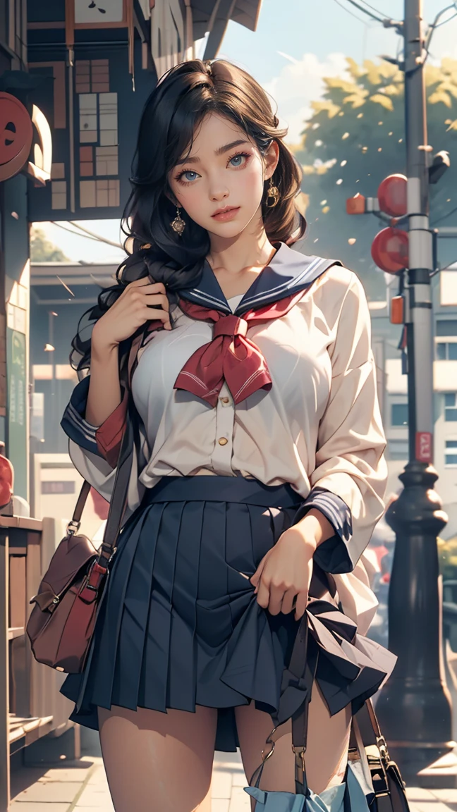 Japanese 、Sailor suit、Navy blue mini pleated skirt、loafers、school bag、Bus stop waiting room,One Summer Day,(hem lift:1.3),(open bag:1.3),(adnet weight:1.0),(hem that rolls up:1.3),(Fully exposed pussy:1.5),Well good,no panty,smile,