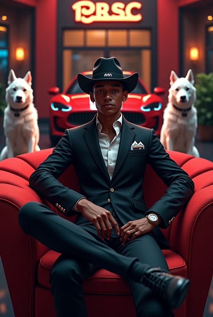 20 year old boy, brownish skin, sitting on the red couch, wearing black suites with white button shirt and black slatter,
Write TOP Griffin above his building also on his suits pocket and cowboy cap, surrounded by all guns with 2white k9 dogs, red ad blabk Maserati, surrounded by 4 beautiful women light color of the room is red and blue