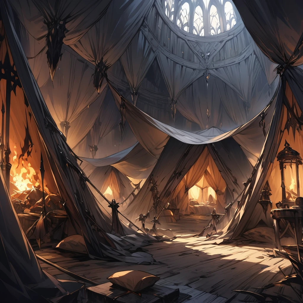 Very high quality dark fantasy style illustrations,In a tent in the knights' camp, a female knight is smiling and looking at the camera in a coquettish pose, without armour.,The knight who is lying on the bed is smiling seductively.,In a dark tent,
