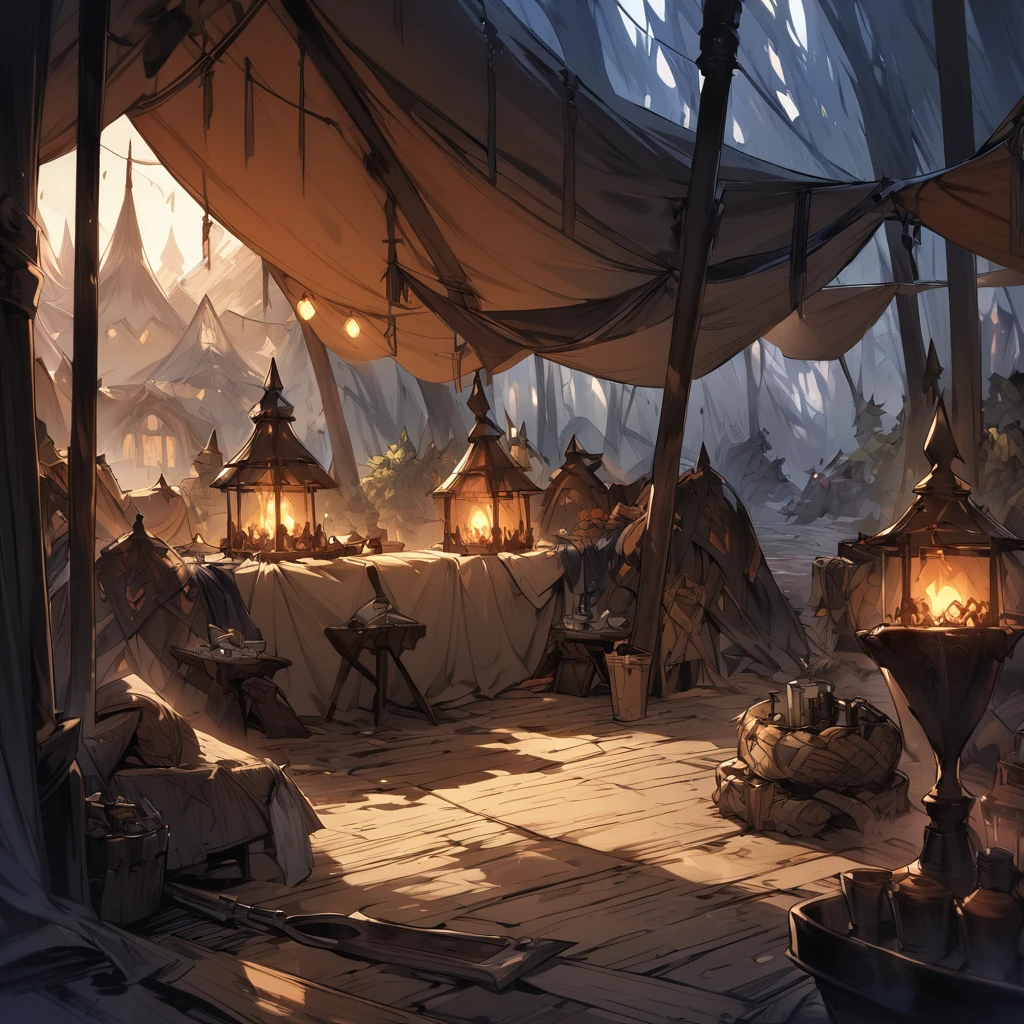 Very high quality dark fantasy style illustrations,In a tent in the knights&#39; camp, a female knight is smiling and looking at the camera in a coquettish pose, without armour.,The knight who is lying on the bed is smiling seductively.,In a dark tent,