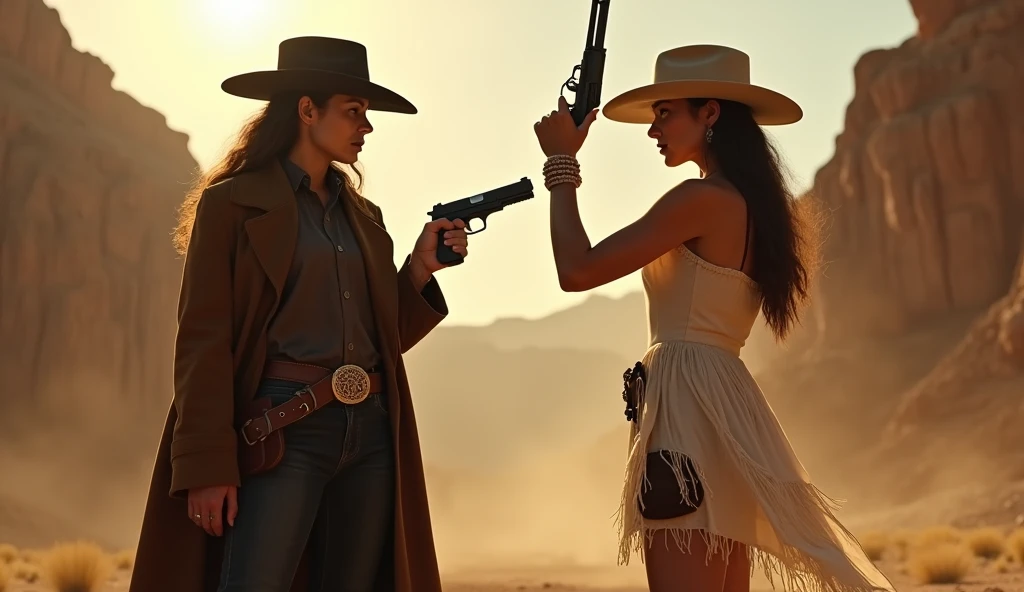 Cinematic film still from the movie "Bandidas", intense gritty, photo of two beautiful female cowboy outlaws , the one on the left holding a pistol is wearing a brown coat and dark shirt, the one on the right holding a rifle is wearing white wild west theme sundress , intricate detail cowboy's accessories, looking at the viewer, horse riding, Grand Canyon, golden hour , dramatic shadows , natural lighting . dusty mood
