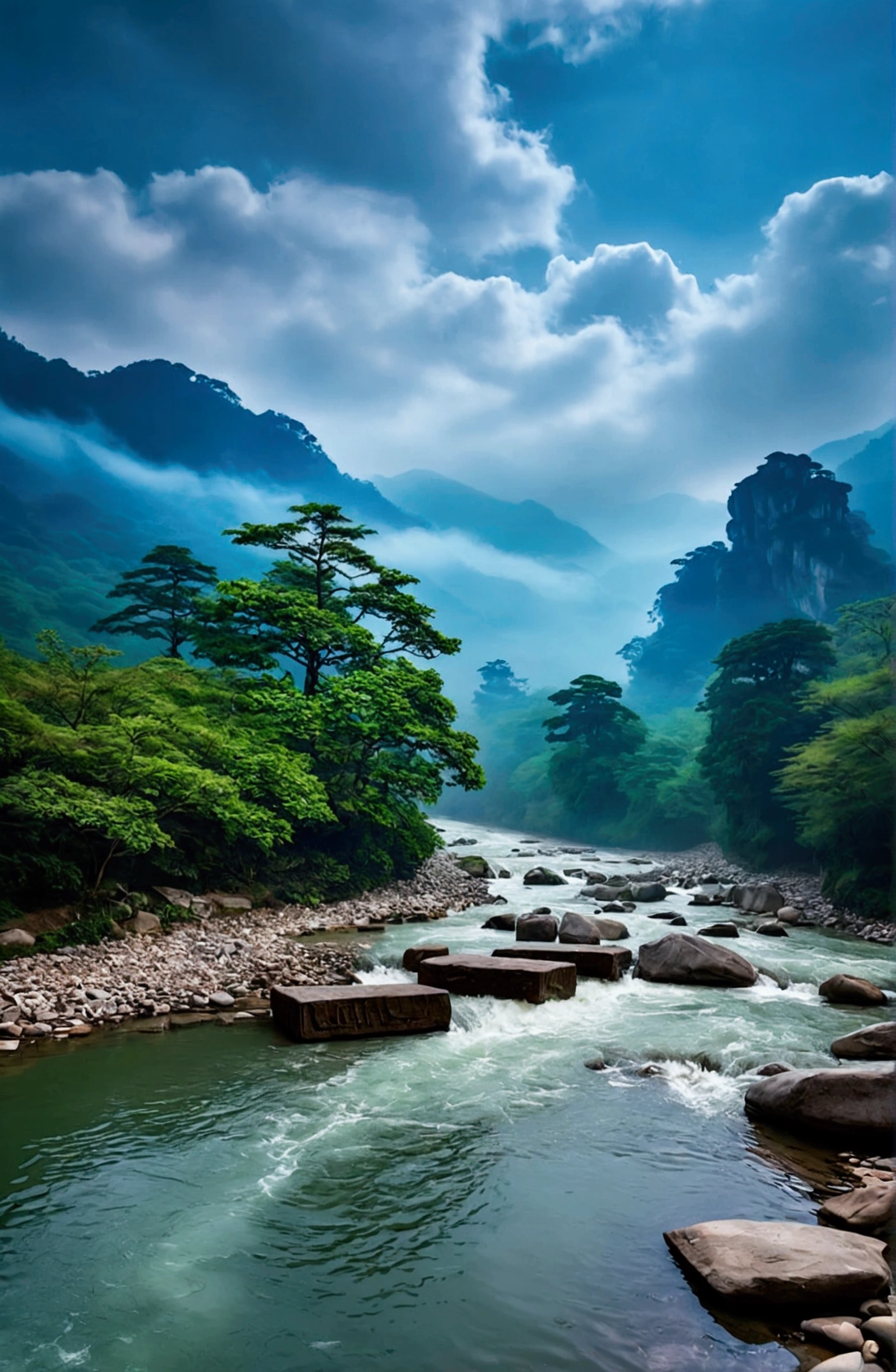 The stream is flowing,The stream is clear,There is a mountain beside the stream,Stone Mountain in Zhangjiajie,Clouds and mist,Unified emerald green tone,Cinematic color grading
