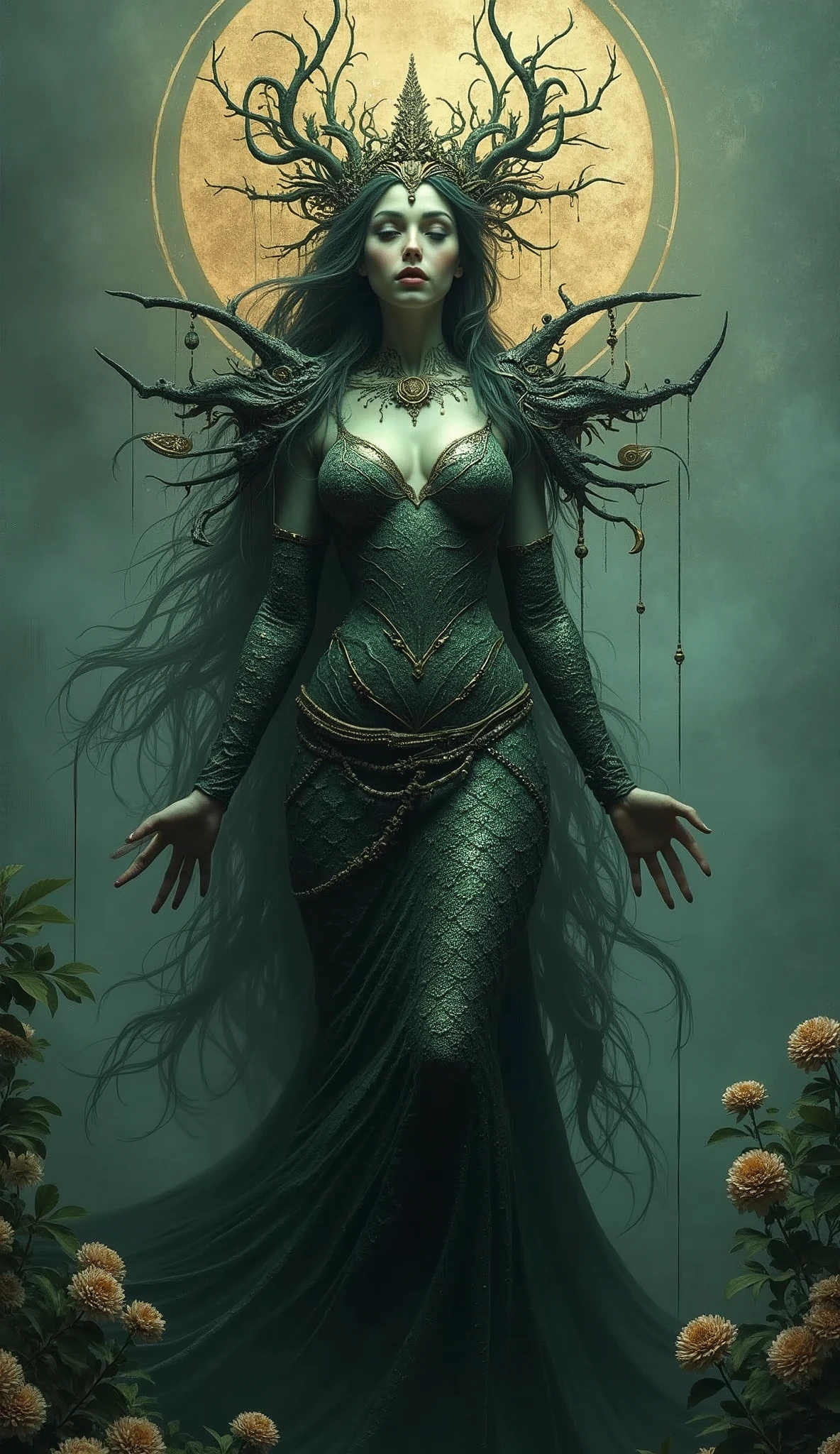 Superrealisticart , Like a dream, mystery, Symbolic, complicated, detailed, (Gothic,very beautiful:1.4), (masterpiece, best quality:1.4) , Nicolas Samori style, Mermaid goddess-like beautiful costume