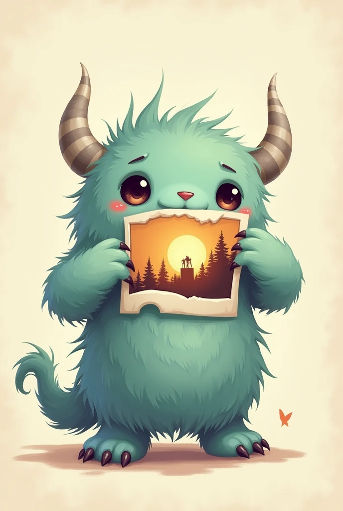 Only the hand of a cute monster tearing a photo