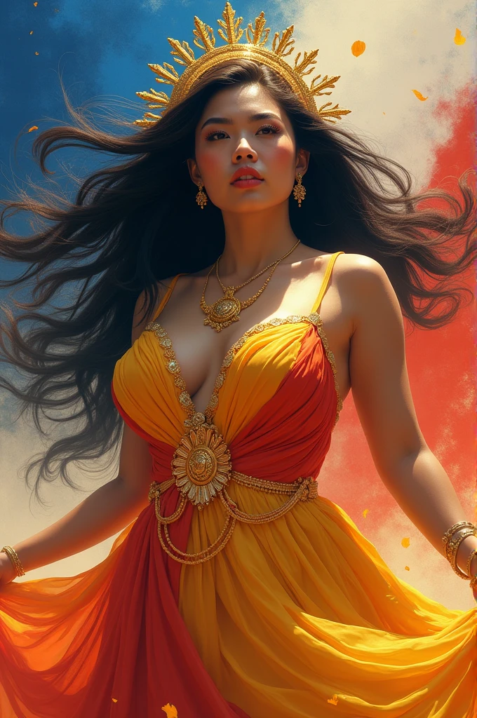 photo of a beautiful semi chubby built filipina woman, large body type, long black wavy windblown hair, light skin, wearing a feirce hand painted filipiniana gown in the philippine flag theme glowing, gold sun goddess crown, gold accessosries , a spalsh of blue, red, white and golden yellow as a form of flames background, nationalistic theme, illumitang her skin from the vibrant colors, exudes beauty and power, surrealism, cinematic effect, airbrushed finish