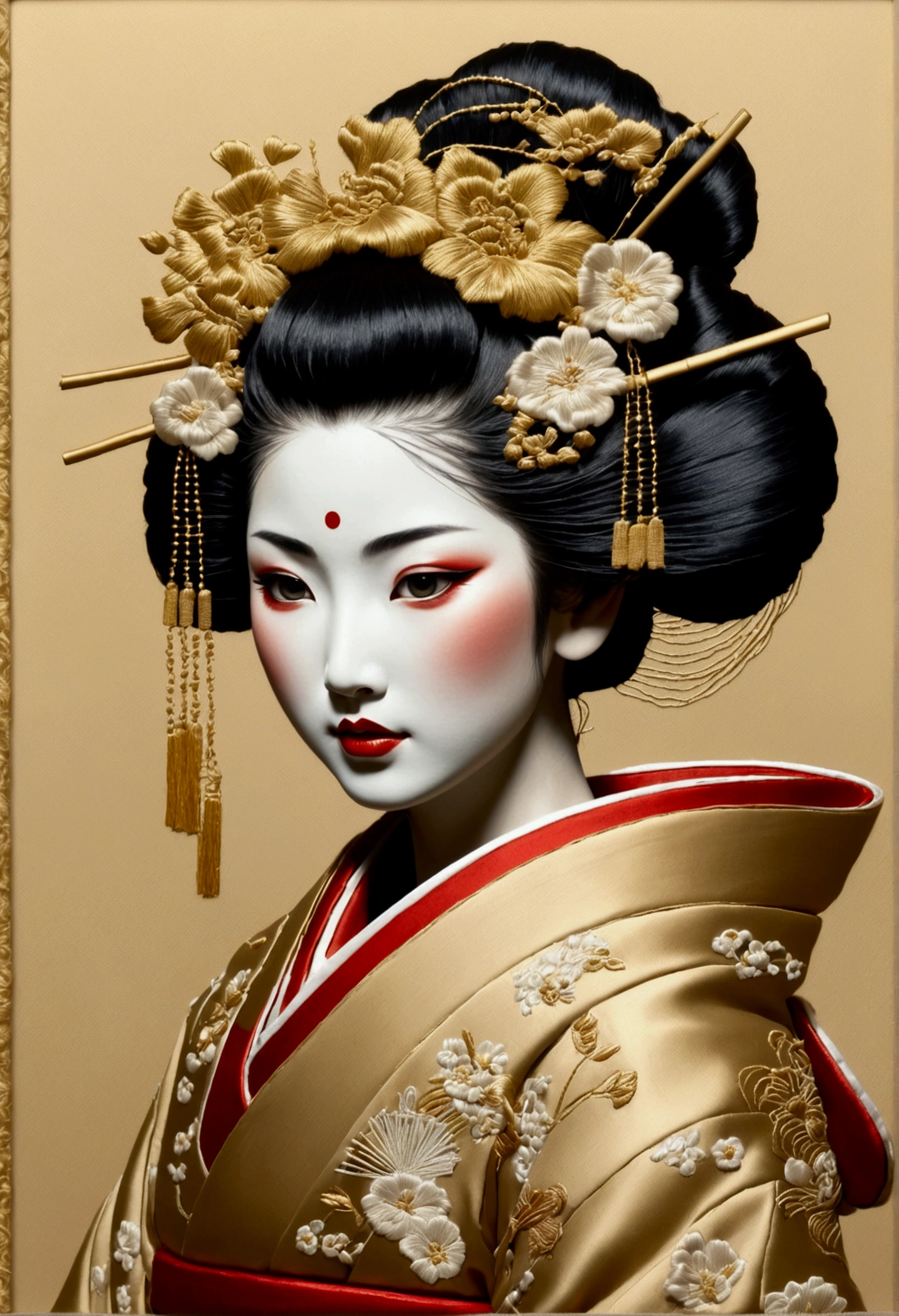 gold embroidery "geisha". Vertical rectangular format.