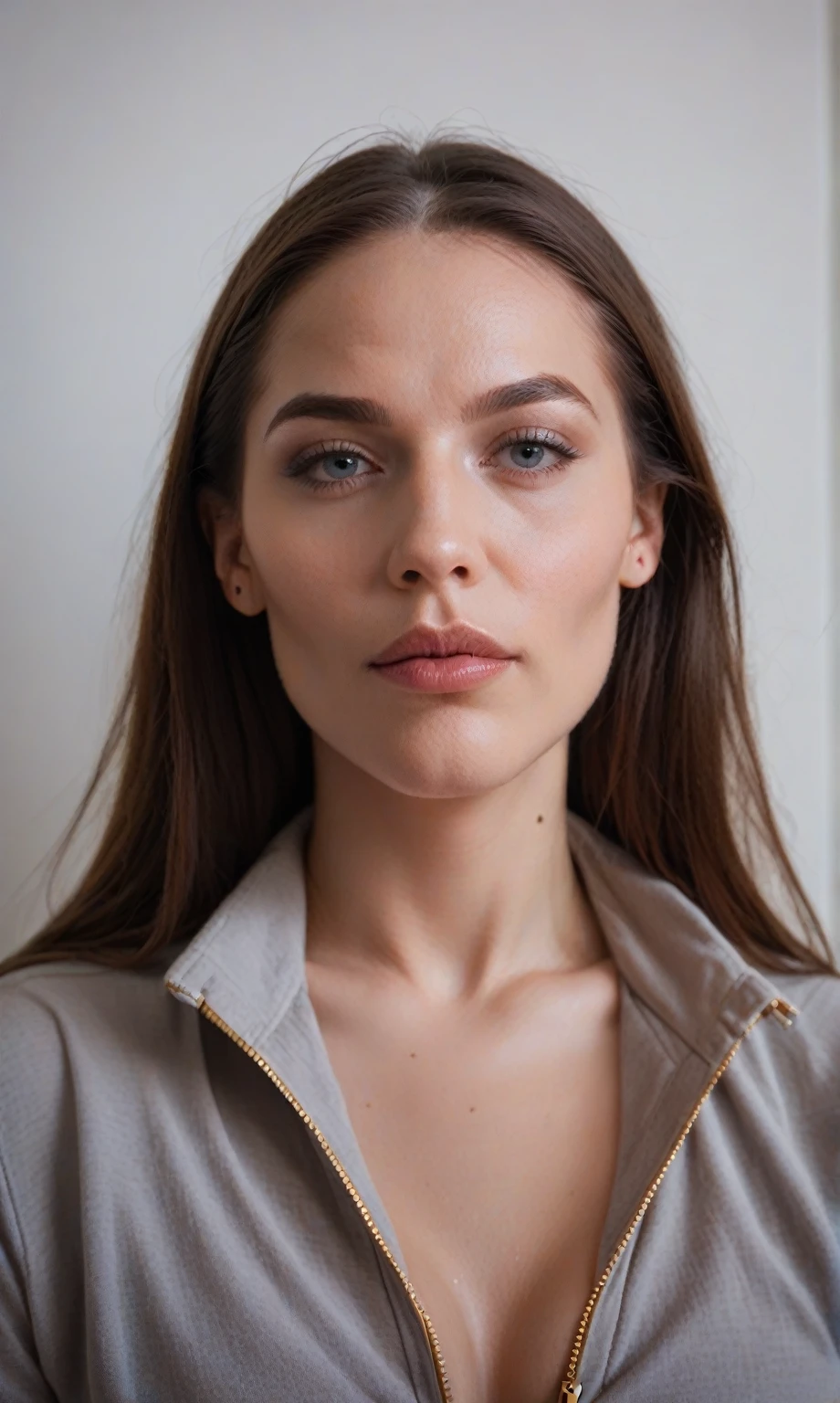score_9, score_8_up, score_7_up, score_6_up, score_5_up, score_4_up, realistic style, photo, photorealistic, high detail, (sharp), BRAKE, Medium shoot, Angelina Jolie, Gray shirt, unzipped, dark, low light, depth
