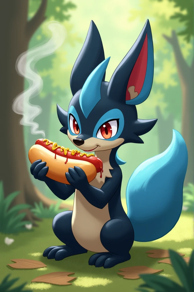 Lucario eating a hot dog