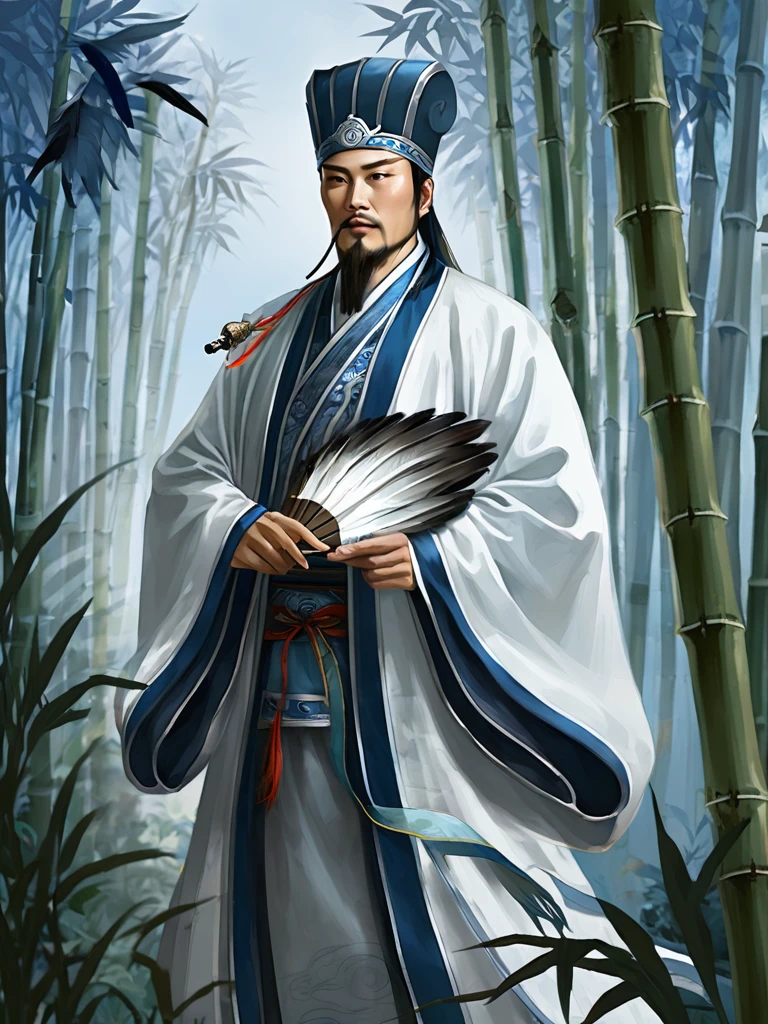 digital illustration, Ancient Chinese scholar, Traditional costume, Embroidered gown, Zhuge Liang the man, Traditional hats, White and blue palette, Beck, intense gaze, Meticulous detail, Historical figures, standing posture, Feather fan, In the bamboo forest