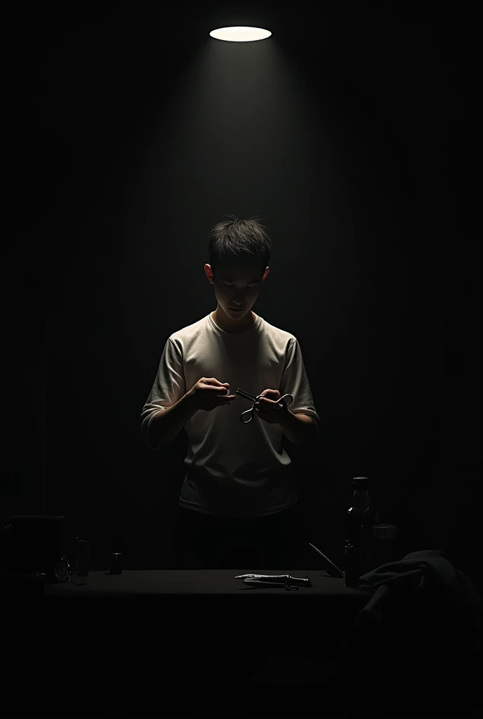 a beginner barber with a black background