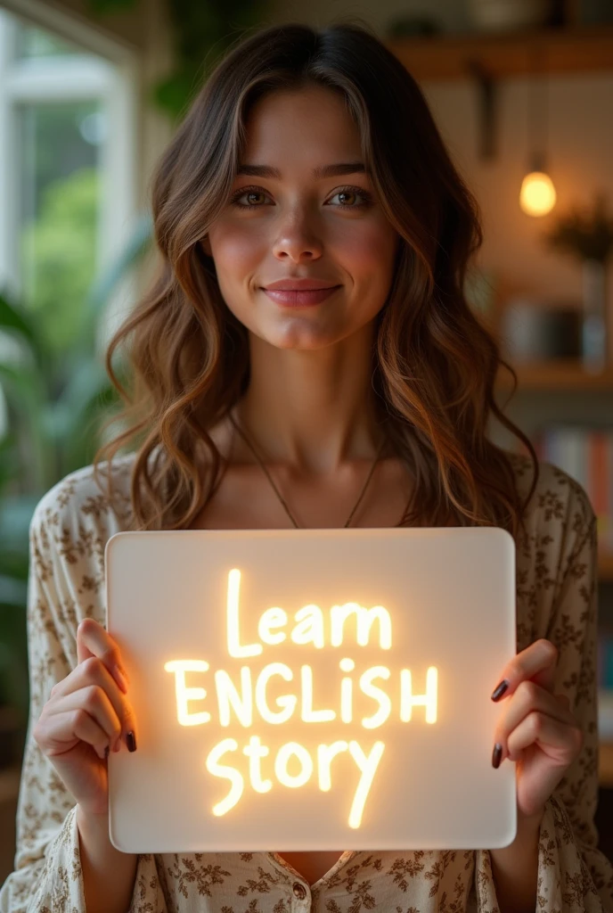 Beautiful girl with heart-warming smile and wavy long hair, bohemian dress, holding a white board with text "learn English Through Story" and showing it to the viewer, the board is glowing with a the text.Different quality girl.
