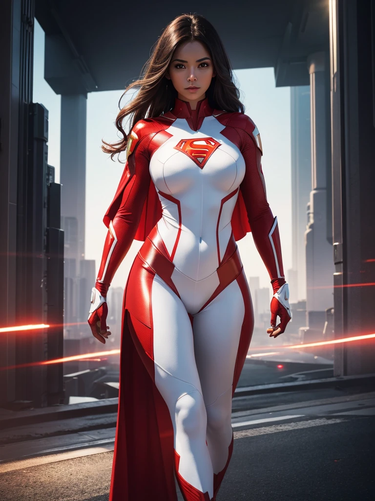 Sexiest Full Body Superwoman - costume colours White and Red, Red colour is glowing, shining and glittering, lighting, background of image futuristic City "A 16K resolution image with ultra-high picture quality, ensuring sharp, crisp details and textures throughout. The image should have exceptional clarity, with vibrant, true-to-life colors and a high dynamic range. Lighting should be natural, enhancing depth and detail, with no noise or blurriness, even in the Lightest areas." closest shot.