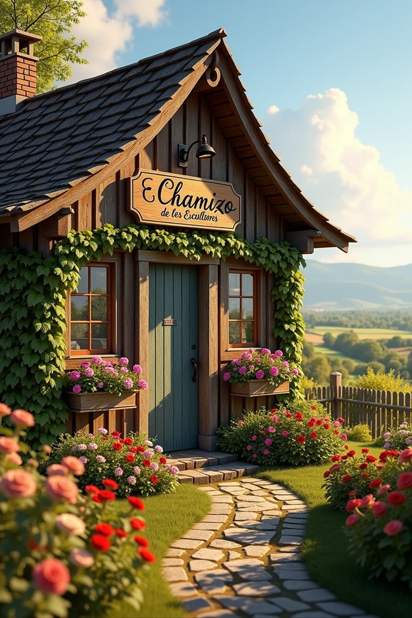 a charming small cottage, detailed weathered wood exterior, intricate carved wooden sign above the door reading "El Chamizo de los Escultores", vibrant flower garden surrounding the cottage, overflowing window boxes, quaint rural countryside landscape in the background, warm golden hour lighting, photorealistic, highly detailed, 8k