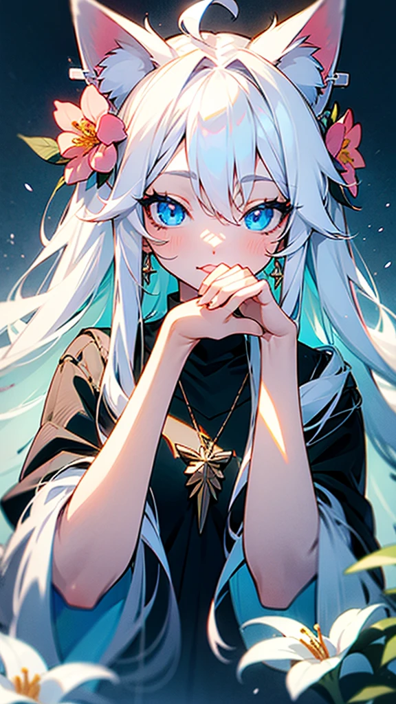 a cat girl, blue eyes, white long hairs, layered hair,hair ornament, earrings, necklace,flowers on hair,  whitish kemono , hands up, high detailed eyes,hd details , masterpiece,