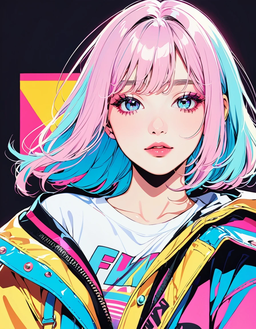 (Highest quality:1.2, City Pop Style, Very detailed, Latest, Vibrant, High Contrast, masterpiece:1.2, Highest quality, Best aesthetics), Gal, ((Face Up Shot:1.4)), Neon colored hair, Braiding, Droopy eyes, Bob Style, pastel colour, White shirt, 1980s style, ((Retro, Vintage, Plain background)) Mika Picazo&#39;Colorful style, Abstract art，(((The most beautiful girl of all time))), Cute Face. Lips in Love, Colorful Hearts, Stylish design,