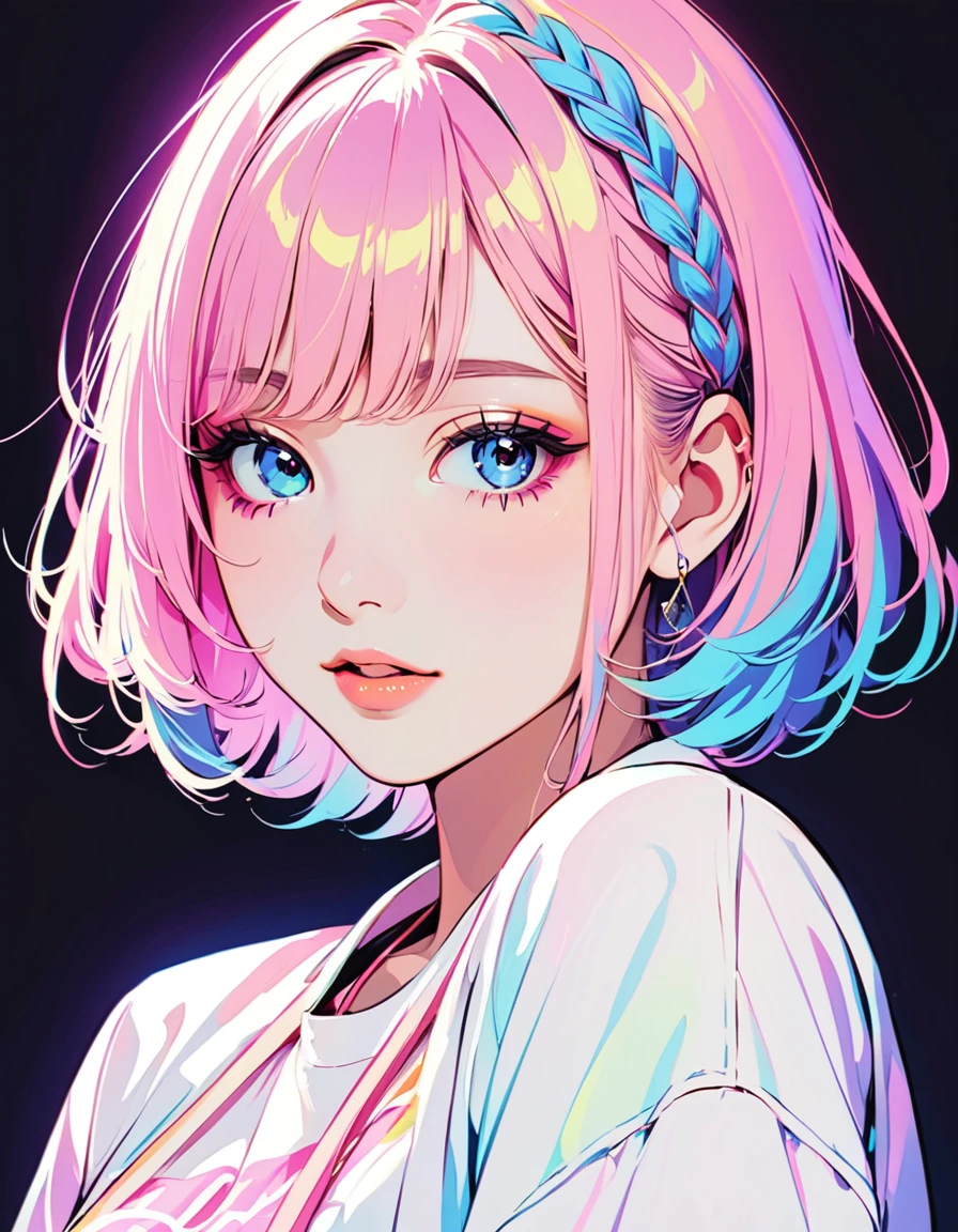 (Highest quality:1.2, City Pop Style, Very detailed, Latest, Vibrant, High Contrast, masterpiece:1.2, Highest quality, Best aesthetics), Gal, ((Face Up Shot:1.4)), Neon colored hair, Braiding, Droopy eyes, Bob Style, pastel colour, White shirt, 1980s style, ((Retro, Vintage, Plain background)) Mika Picazo&#39;Colorful style, Abstract art，(((The most beautiful girl of all time))), Cute Face. Lips in Love, Colorful Hearts, Stylish design,