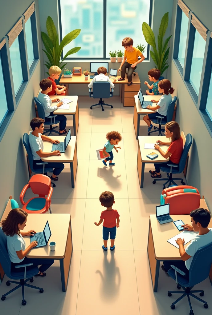 cubicles inside a small space and play area of the kids in the middle