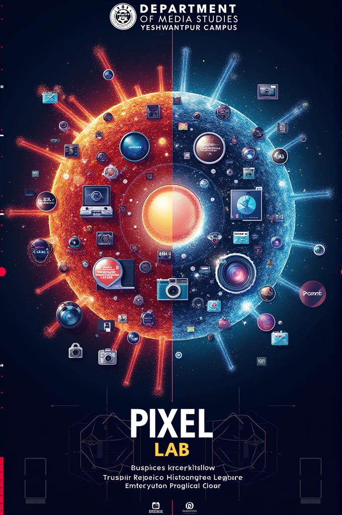 A poster for a photography exhibition named pixel lab with photography icons and university logo at the top write and department of media studies yeshwantpur campus at the centre